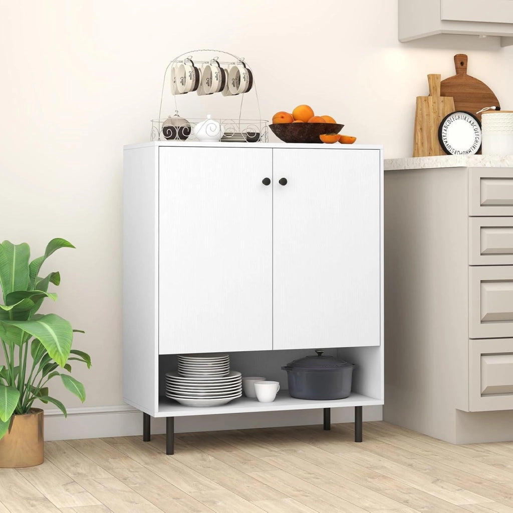 Buffet Soggiorno, Scaffale regolabile in 5 posizioni, scomparto aperto, 2 ante, armadio da cucina, kit antiribaltamento, armadio per ingresso, sala da pranzo, soggiorno, bianco