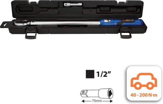Chiave a momento per l'auto - 1/2 pollice lato quadrato - azionamento a 45 denti - chiave inglese - trazione 40 a 200 Nm - acciaio cromo-vanadio - con estensione - per autovetture