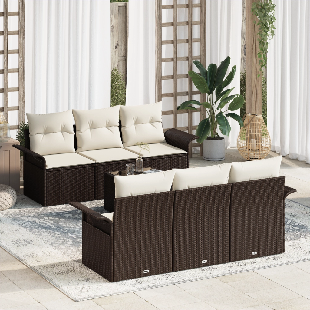 Set di Divani da Giardino  7 Pezzi con Cuscini Marrone Polyrattan