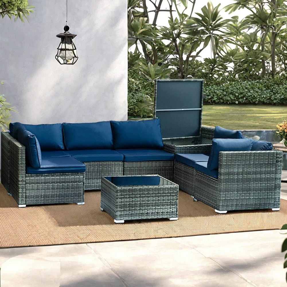 Set Salotto Patio Divano 8 Pezzi Componibile in Polyrattan e Tavolo Contenitore