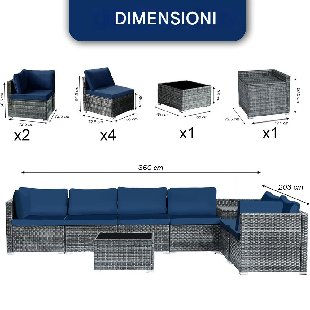Set Salotto Patio Divano 8 Pezzi Componibile in Polyrattan e Tavolo Contenitore