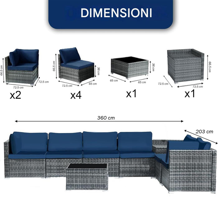 Set Salotto Patio Divano 8 Pezzi Componibile in Polyrattan e Tavolo Contenitore