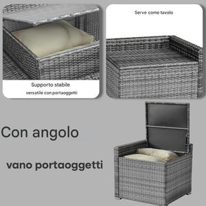 Set Salotto Patio Divano 8 Pezzi Componibile in Polyrattan e Tavolo Contenitore