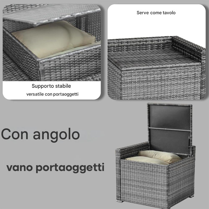 Set Salotto Patio Divano 8 Pezzi Componibile in Polyrattan e Tavolo Contenitore