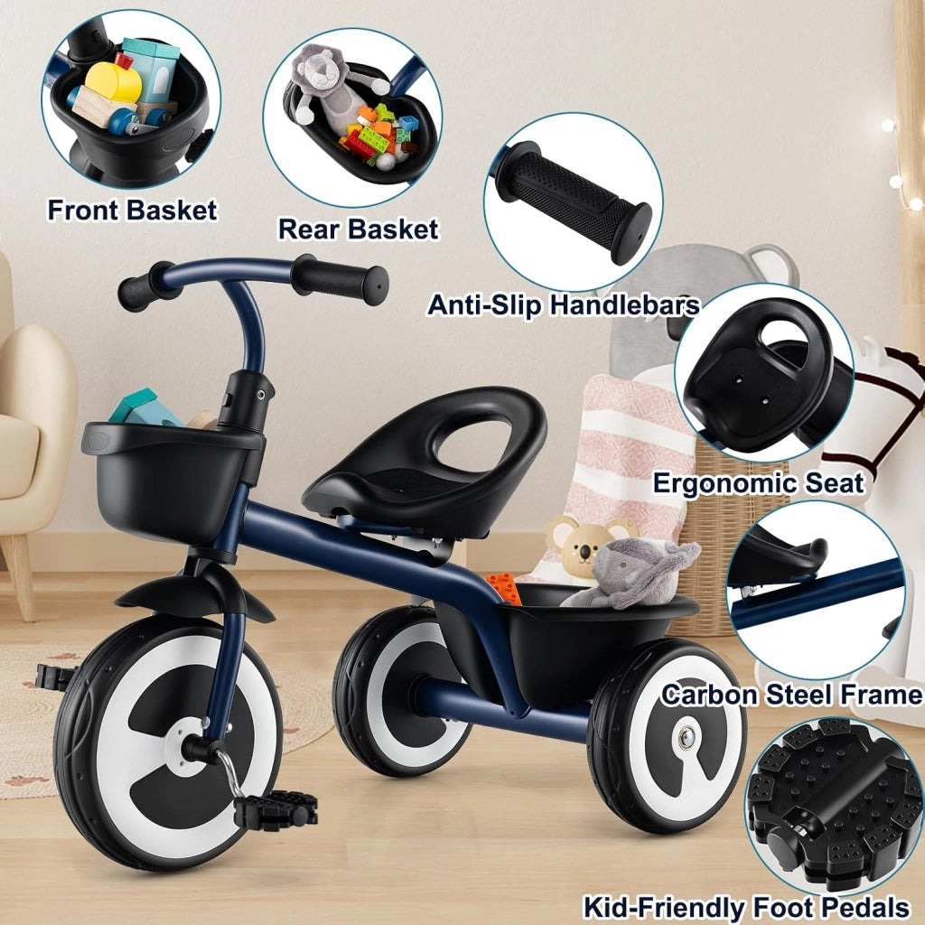 Triciclo Bambino 1-5 Anni, Triciclo Evolutivo con Sedile Comodo Regolabile in 2 Posizioni, Struttura a Triangolo Stabile, 2 Cestini di Stoccaggio, Ruote Antiscivolo, Carico 25 KG (Blu Scuro)
