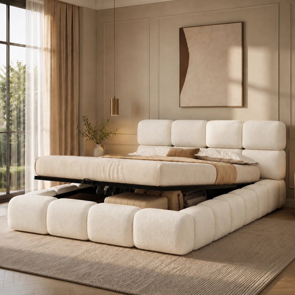Letto Contenitore 160x200 cm; Idraulico e con Rete in Bouclé Bianco