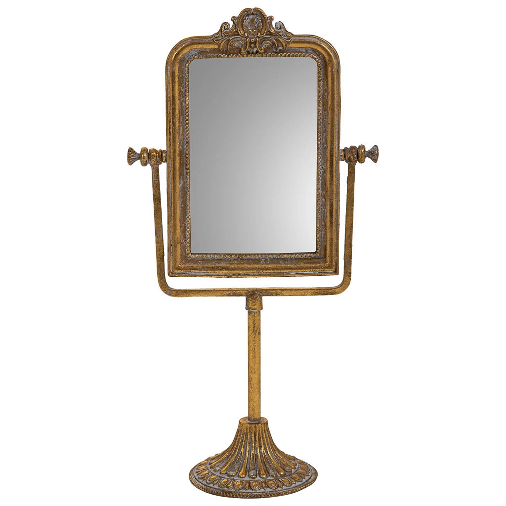 Specchio cosmetico in resina con supporto dorato 18x9,5x35h