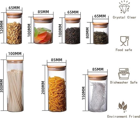 Set di contenitori in vetro con coperchio in bambù per spezie, ossa, polvere, zucchero e spaghetti (6,5 * 8 cm; 250 ml) da 10 pezzi