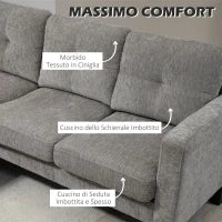 Divano Angolare 3 Posti con Cuscino per Seduta e Schienale, in Tessuto Effetto Ciniglia, 186x130x84 cm, Tortora
