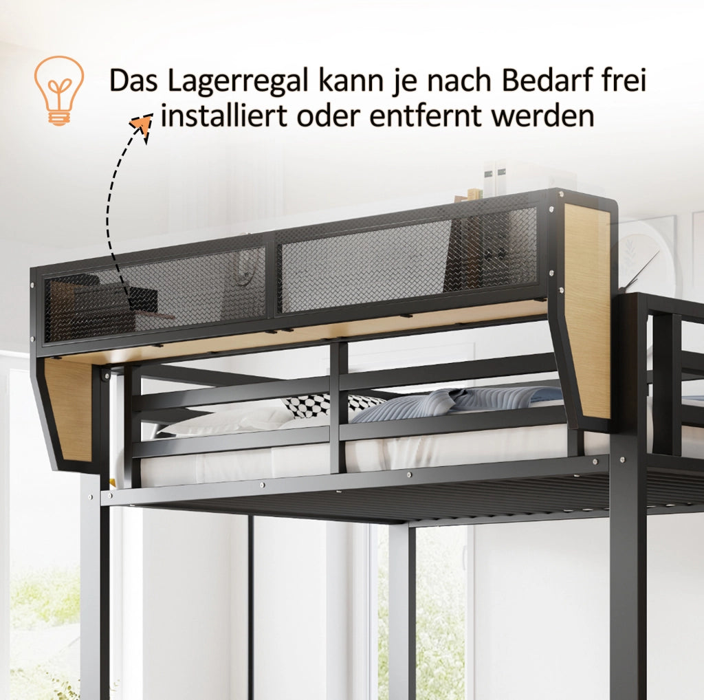 Letto a soppalco 90x200 cm in metallo con LED multicolore; scala e ripiano; nero