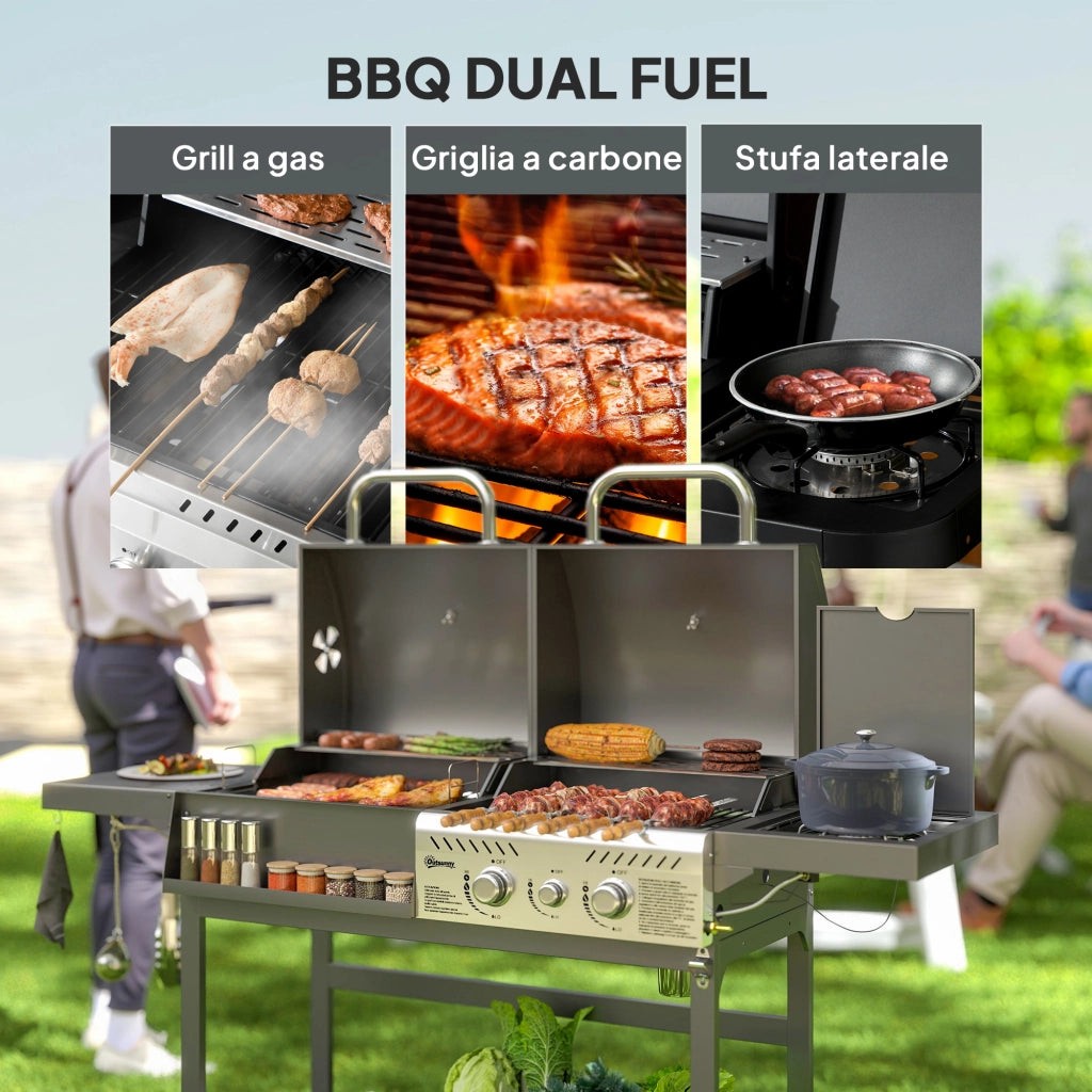 Barbecue a Carbone e Gas con 3 Bruciatori e Coperchio Termometro e Ruote Nero