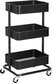 Carrello a tre livelli con ruote, pannelli in altezza regolabile - Carrello di utilizzo con 2 freni - Montaggio semplice per cucina e bagno - Trolley nero