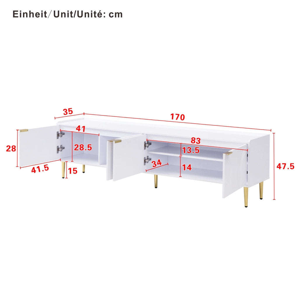 Mobile TV ULEVR 170x35x47,5 cm con ante scolpite 3D, vani interni e passacavi, bianco e oro