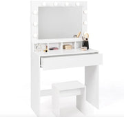 Supporto con specchio LED e sgabello, 4 nicchie, 1 cassetto - Alta Qualità - Materiale Duraturo - Design Stilistico - Adatto per l'Uso Giornaliero - Pratico e Funzionale - Stile Moderno - Accessorio d'Interni