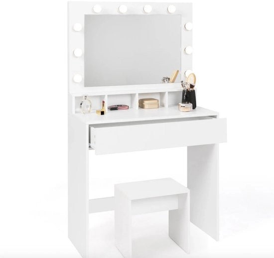 Supporto con specchio LED e sgabello, 4 nicchie, 1 cassetto - Alta Qualità - Materiale Duraturo - Design Stilistico - Adatto per l'Uso Giornaliero - Pratico e Funzionale - Stile Moderno - Accessorio d'Interni