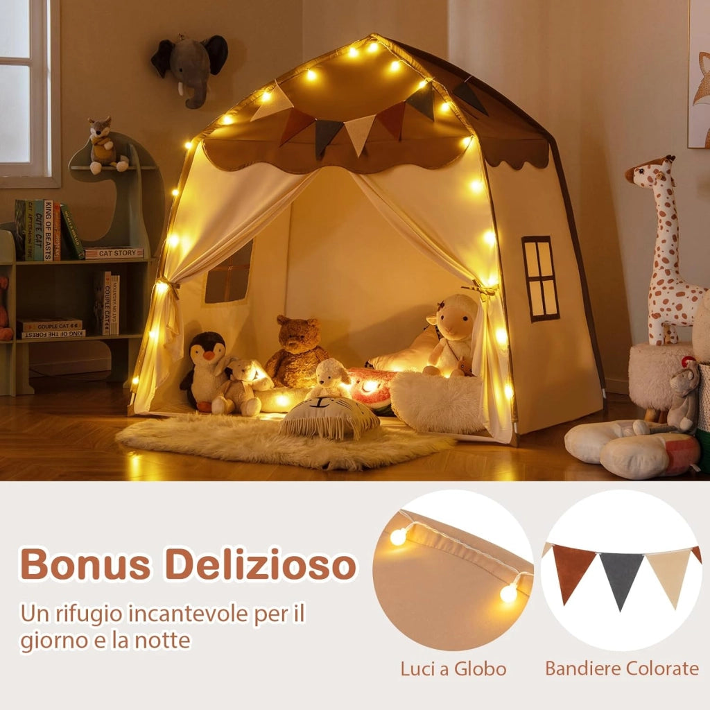 Tenda per Bambini con Luci Fatate e Bandierine, Tenda Casetta da Gioco con 2 Finestre, Tenda Gioco Castello Portatile per Interni ed Esterni, 157 x 98 x 148 cm (Marrone e beige)