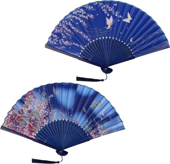 Due ventilatori a mano pieghevoli in lino e bambù - stile cinese tradizionale con piume - per decorazione di parete e regali di nozze