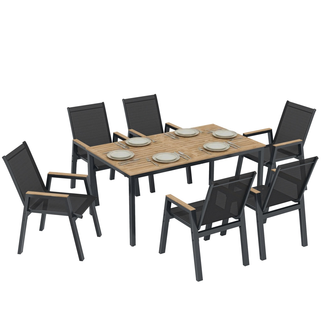 Set da pranzo per giardino con tavolo in legno e 6 sedie in polyrattan ¨C zephmum ¨C nero