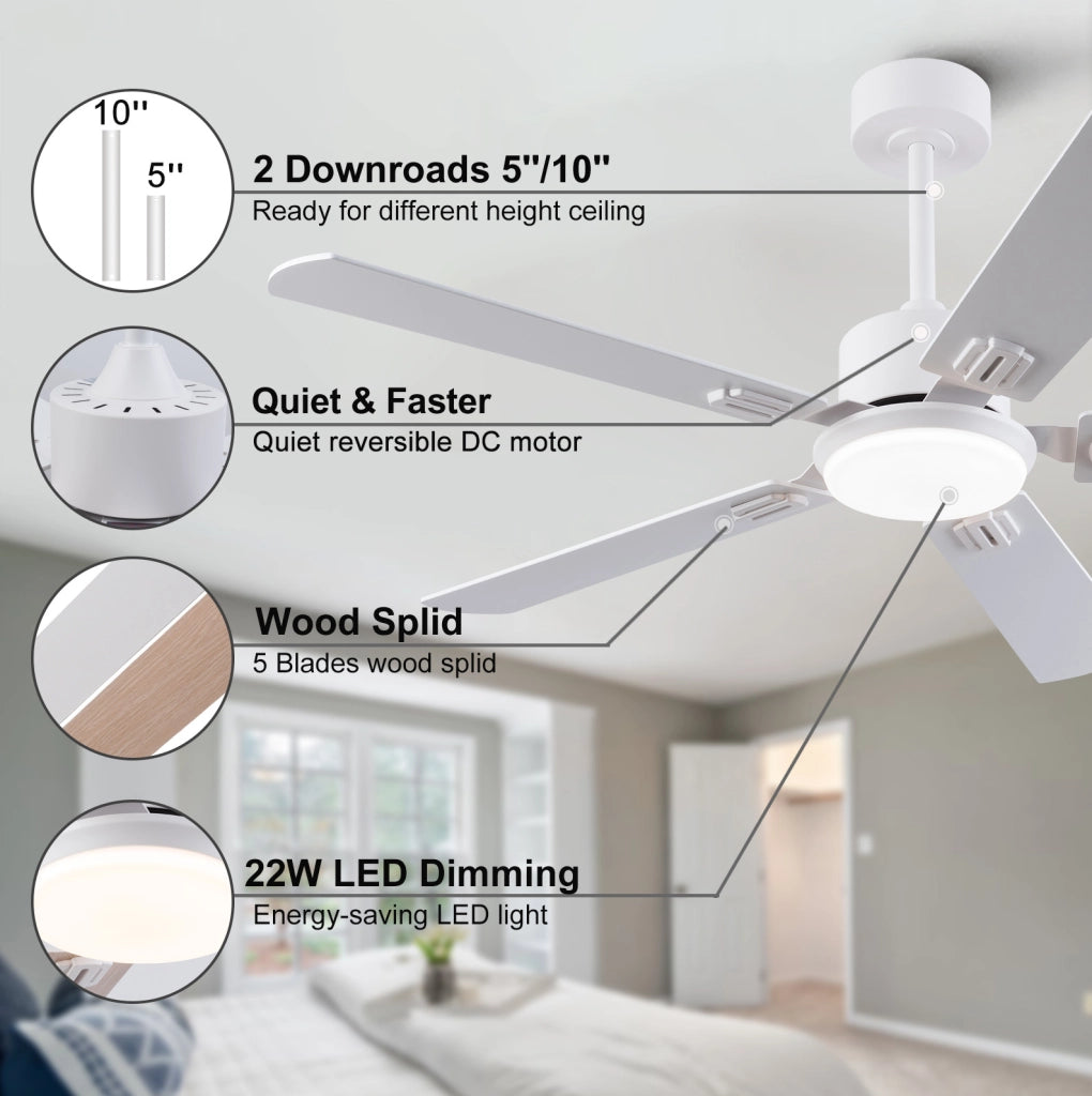 Ventilatore da soffitto con luce LED dimmerabile e telecomando, bianco e rovere chiaro