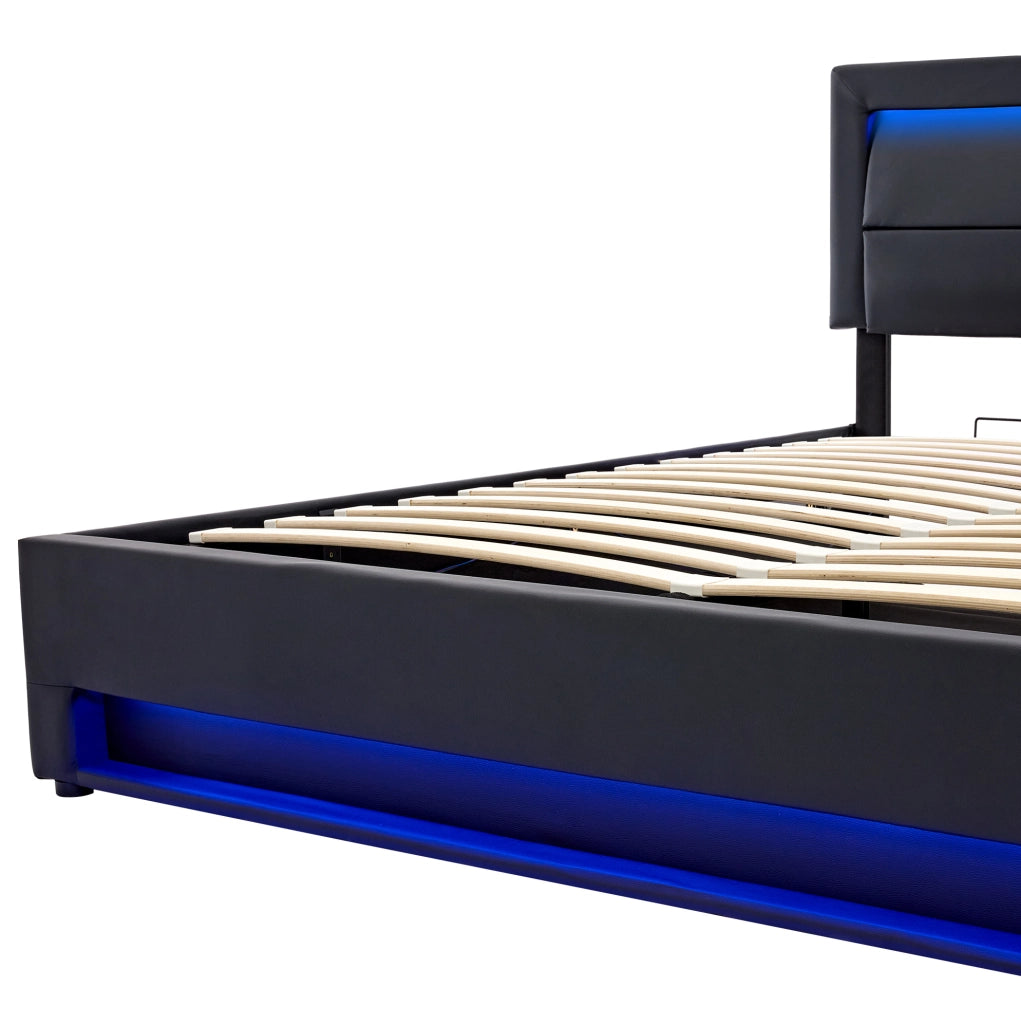 Letto imbottito 140x200 cm con LED, USB e vano contenitore