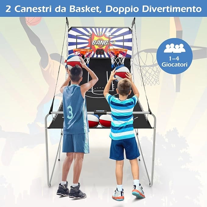 Macchina da Pallacanestro Elettronica, Canestro Basket da Camera a Doppio Tiro Pieghevole con Punteggio Elettronico, 4 Palle, 8 Modalità di Gioco e 2 Canestri (Blu e bianco)