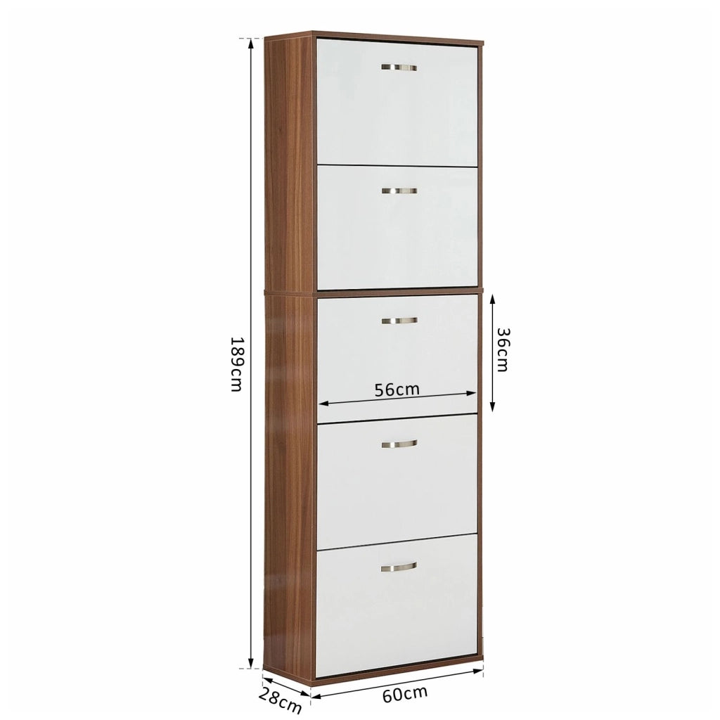 Easycomfort Scarpiera Slim a 5 Livelli con 2 Ripiani per Livello, in MDF, 60x28x189 cm, Bianco e Marrone