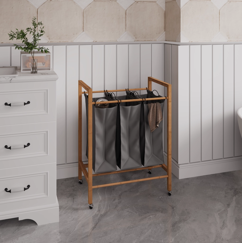Cesto portabiancheria 83x62x40 cm con 3 scomparti; ruote e sacco rimovibile in bamboo; naturale e charcoal