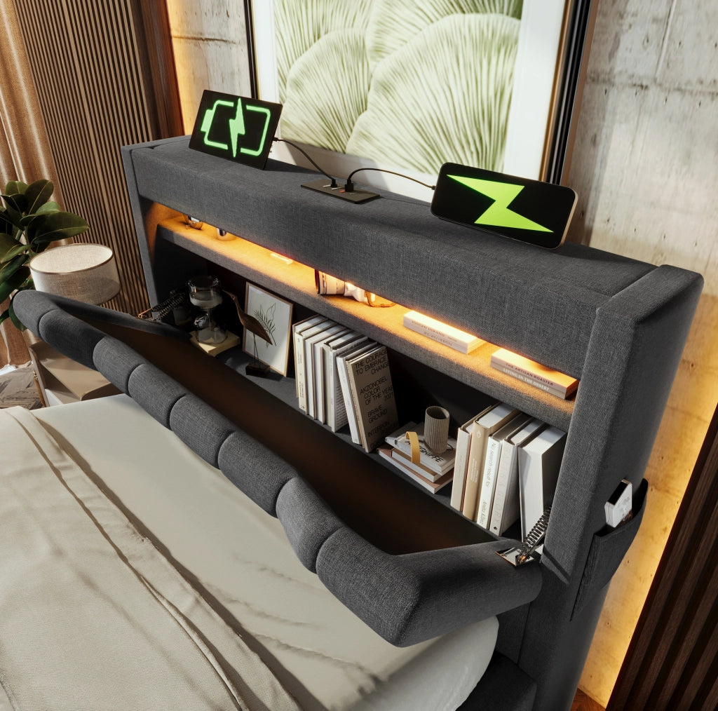 Letto singolo 90x200 cm in lino grigio con LED; ricarica USB e Type-C; contenitore e materasso