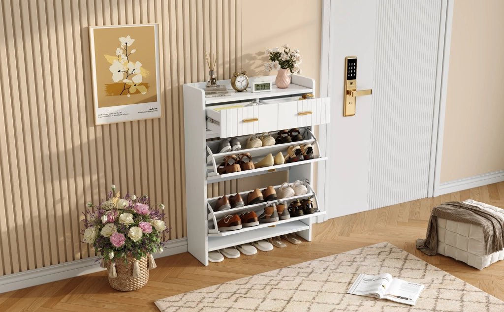 Scarpiera moderna bianca con 2 ante ribaltabili e 2 cassetti, 2 ripiani, per ingresso, 75x24x108,5 cm