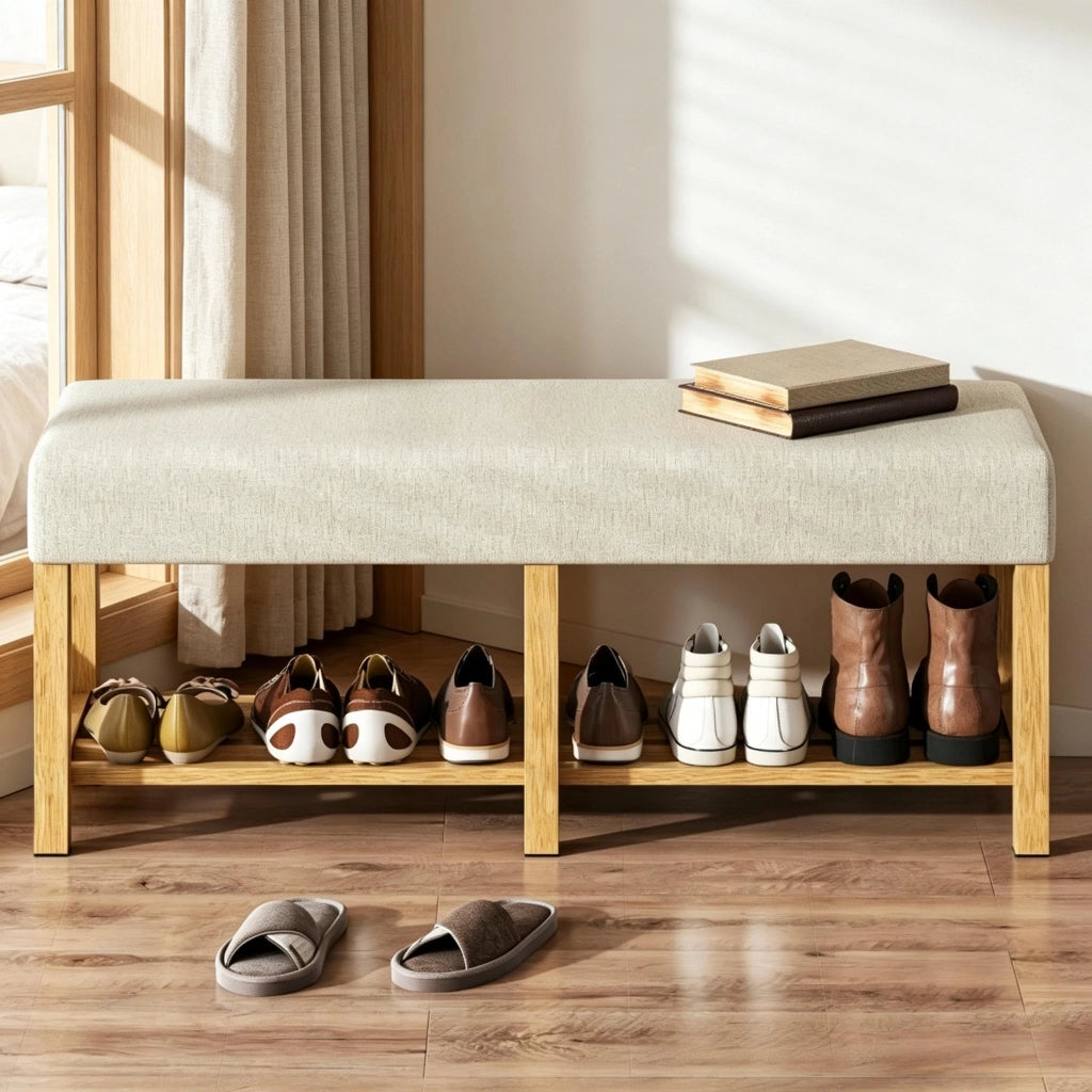 PANCA PORTASCARPE 120 x 44 x 48 cm Beige e Legno Naturale con vano aperto