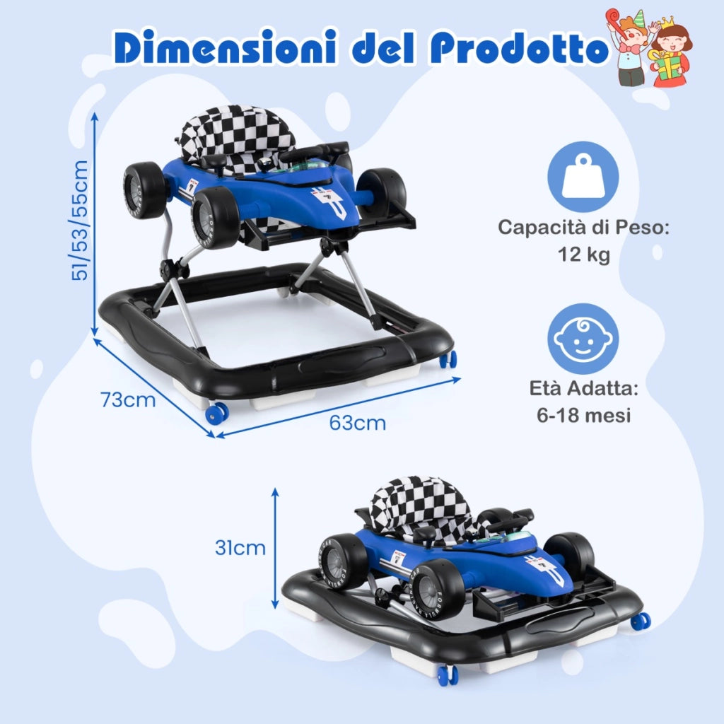 Passeggino 4-in-1 per bambini volante imbottito e scatola musicale, Centro attivit¨¤ con altezza regolabile a 3 livelli Blu-Passeggini per bimbi