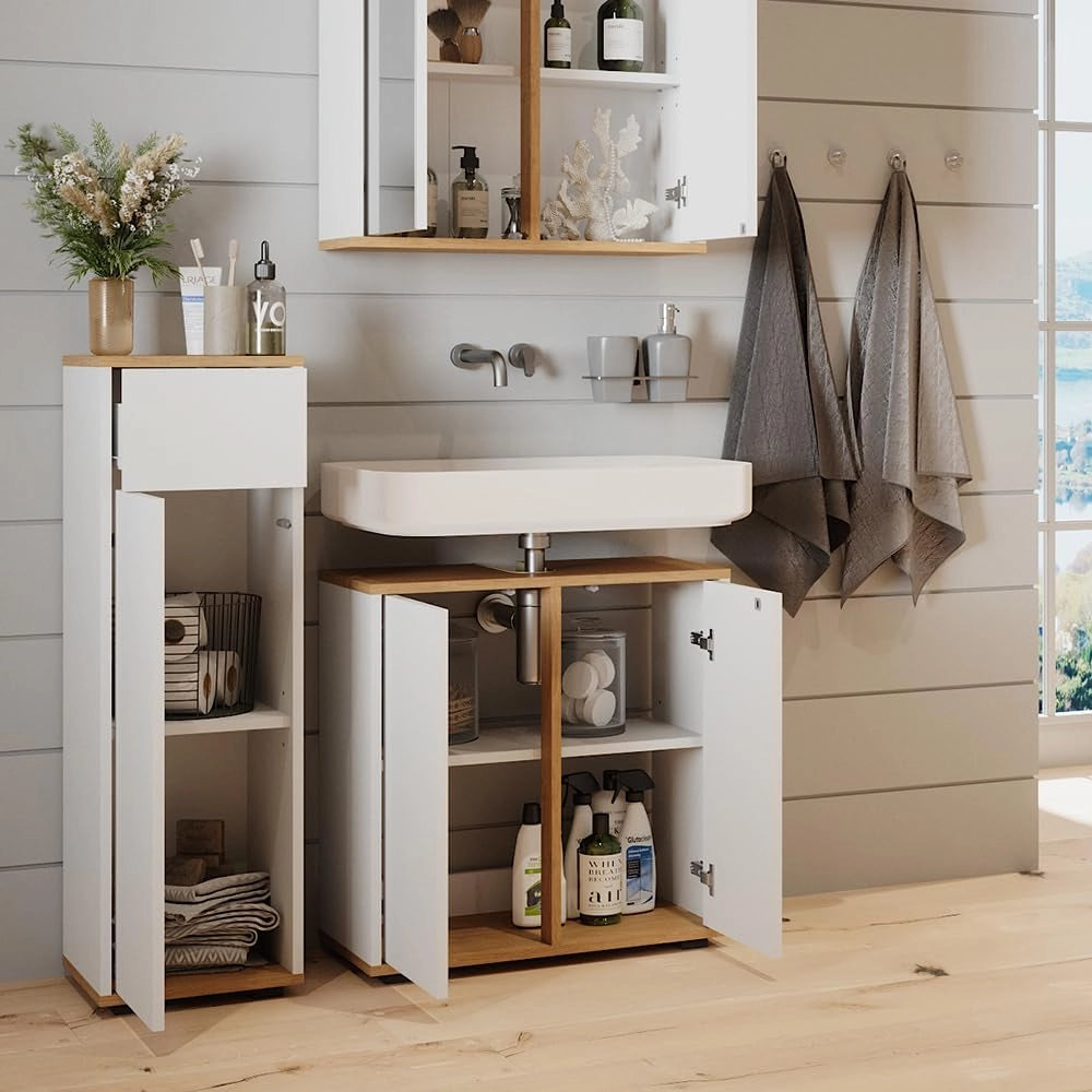 Mobiletto midi Didi, Bianco/Artisan, 30 x 97 cm con cassetto, per la conservazione di articoli da bagno e prodotti per la cura personale