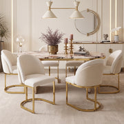 Set di 6 sedie da pranzo con doppio schienale e gambe in metallo rivestite in chenille beige e oro
