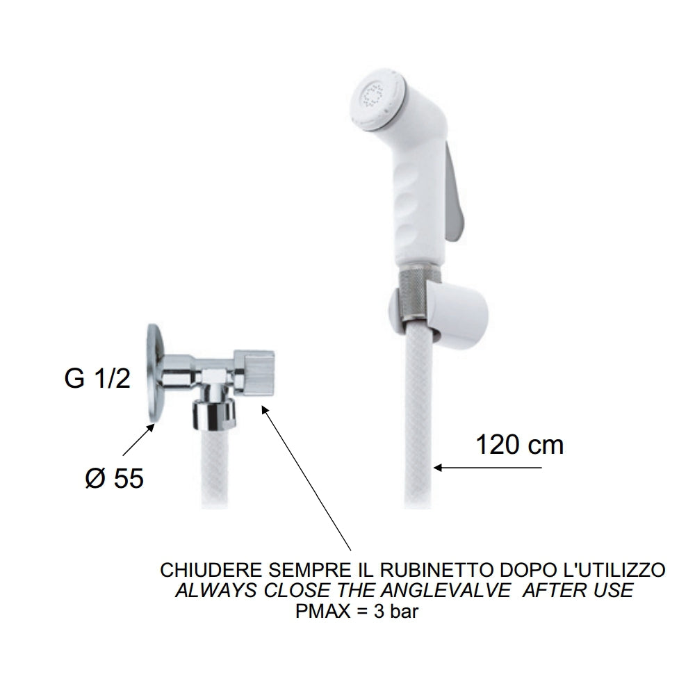 Doccetta bidet bianca con flessibile, rubinetto e supporto bianco