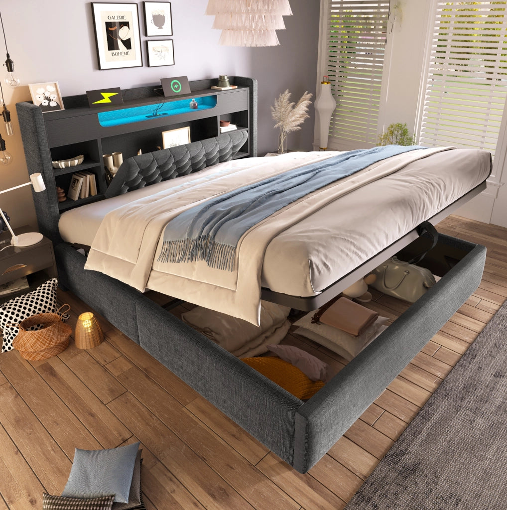 Letto matrimoniale 160x200 cm in lino grigio con contenitore; LED e porte USB