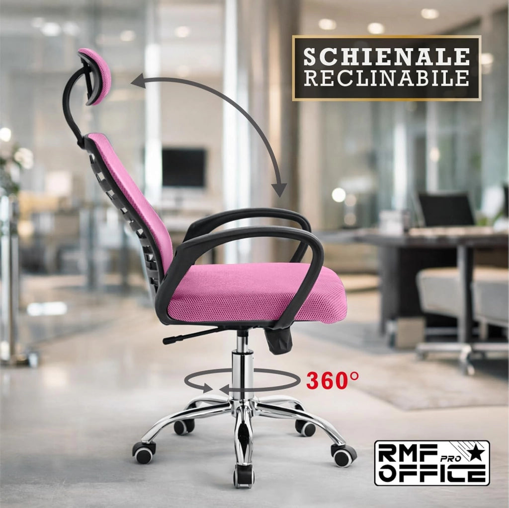 RMF Sedia Ufficio Ergonomica Professionale Reclinabile, Sedia Scrivania in Rete con Seduta Comoda e Rilassante - Poltrona Relax Ufficio con Ruote Girevoli Altezza Regolabile ROSA