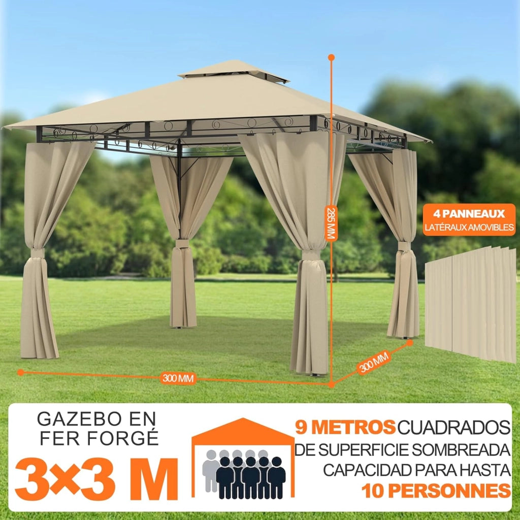Gazebo da Giardino 3x3,Telo Gazebos 3x4 Impermeabile,Gazebo Esterno Resistente,Telaio in Metallo, Gazebos,Beige