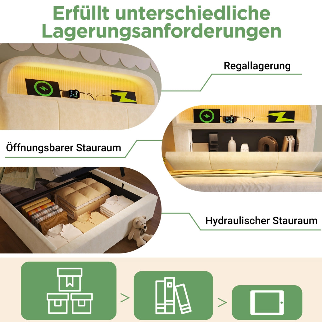 Letto imbottito 90x200 beige con contenitore, LED e USB/Type-C