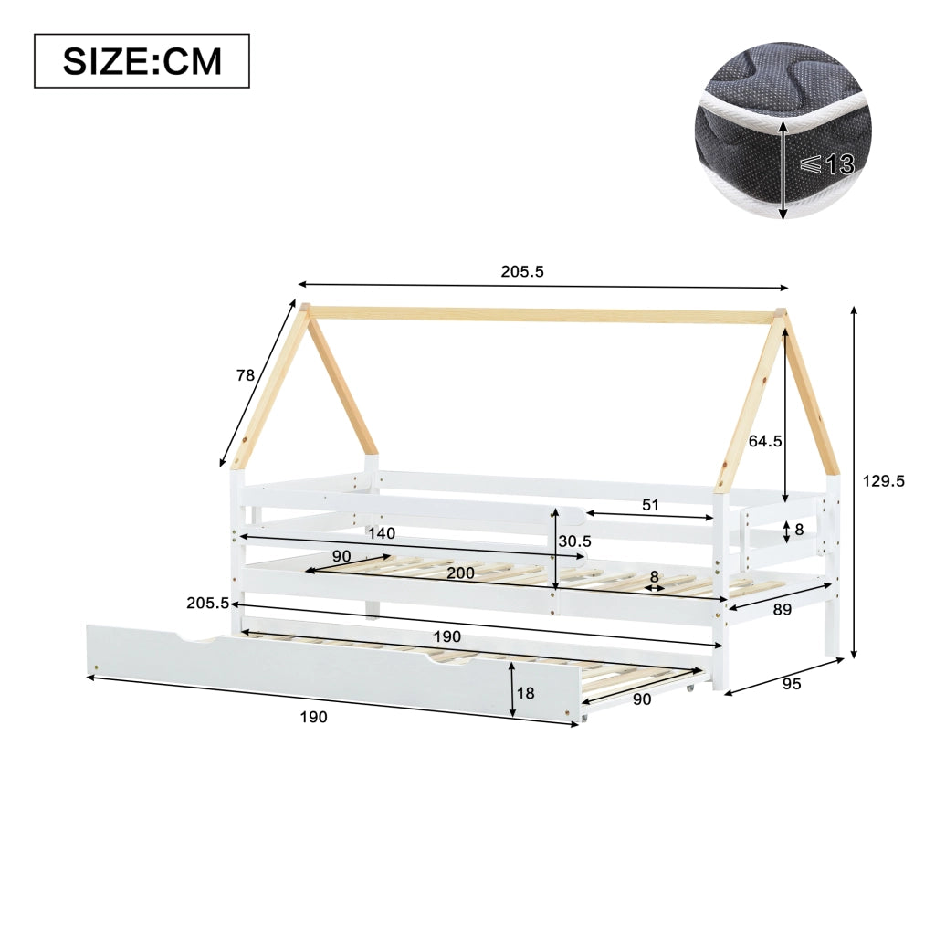 DESMIU Letto casetta estraibile singolo con sponde e letto inferiore 90 × 200 cm e 90 × 190 cm, senza materasso