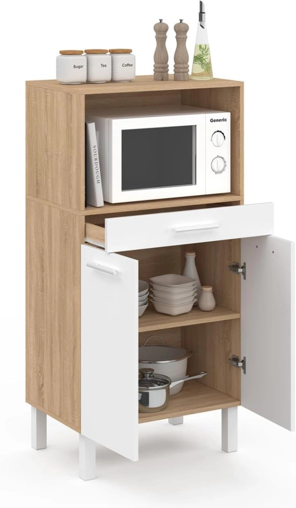 CINA 60 cm midway high cassettiera da cucina per microonde 1 cassetto 2 ante finitura faggio e bianco