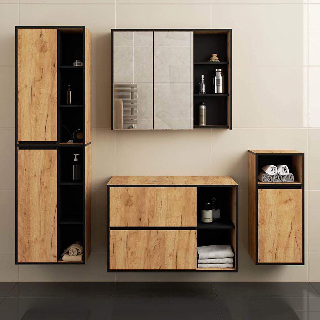 Set di mobili da bagno sospesi VAMI in Rovere Craft con interno Nero con fori per lavabo da appoggio