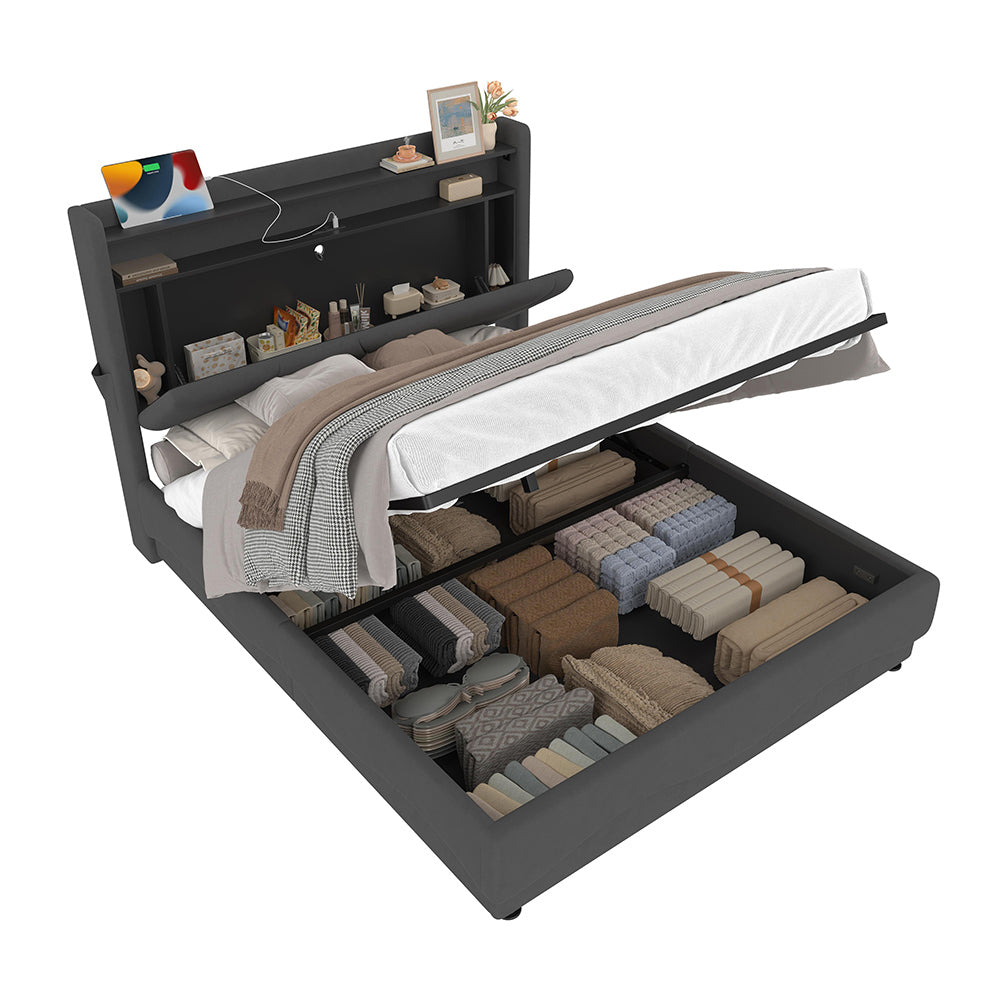 Letto 160x200cm imbottito - Xylo - LED USB tasche laterali idraulico