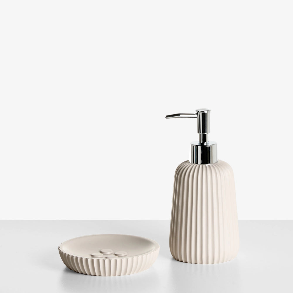 Set accessori bagno 5 pezzi portasapone, dispenser, porta scopino, bicchiere, porta spazzolini beige