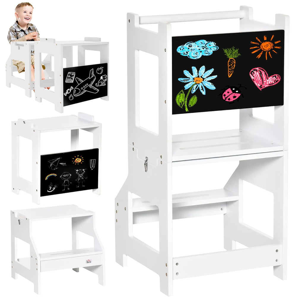 Scala Montessori 2in1 Bianco Staccabile Torre Montessoriana Sgabello e Lavagna