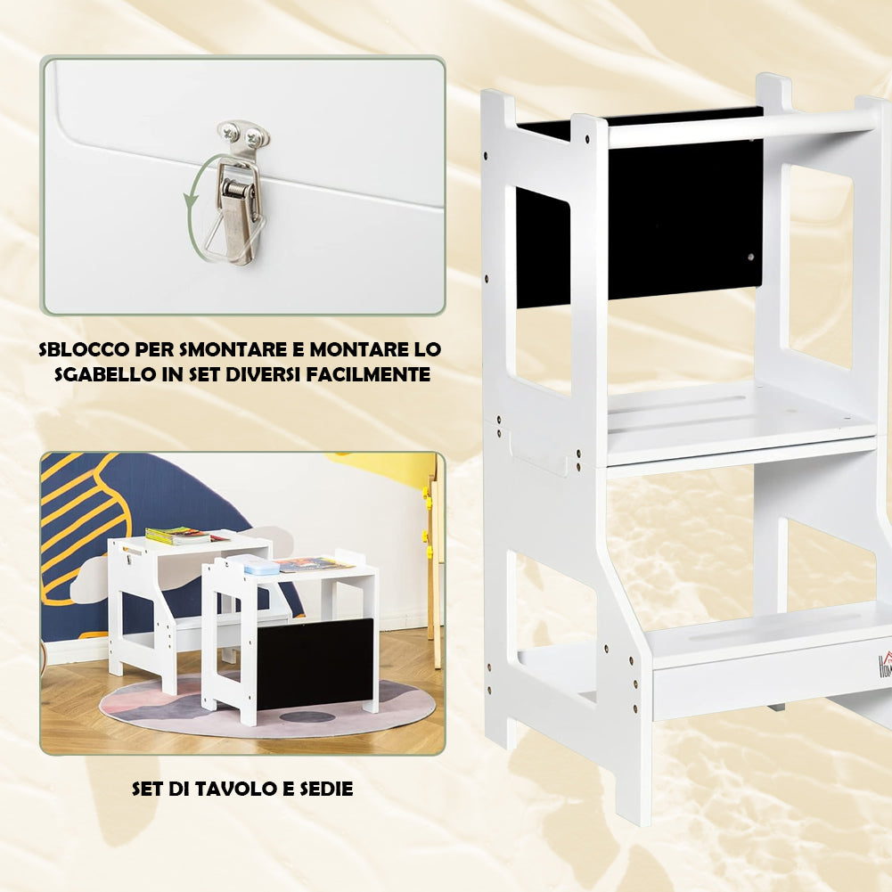 Scala Montessori 2in1 Bianco Staccabile Torre Montessoriana Sgabello e Lavagna
