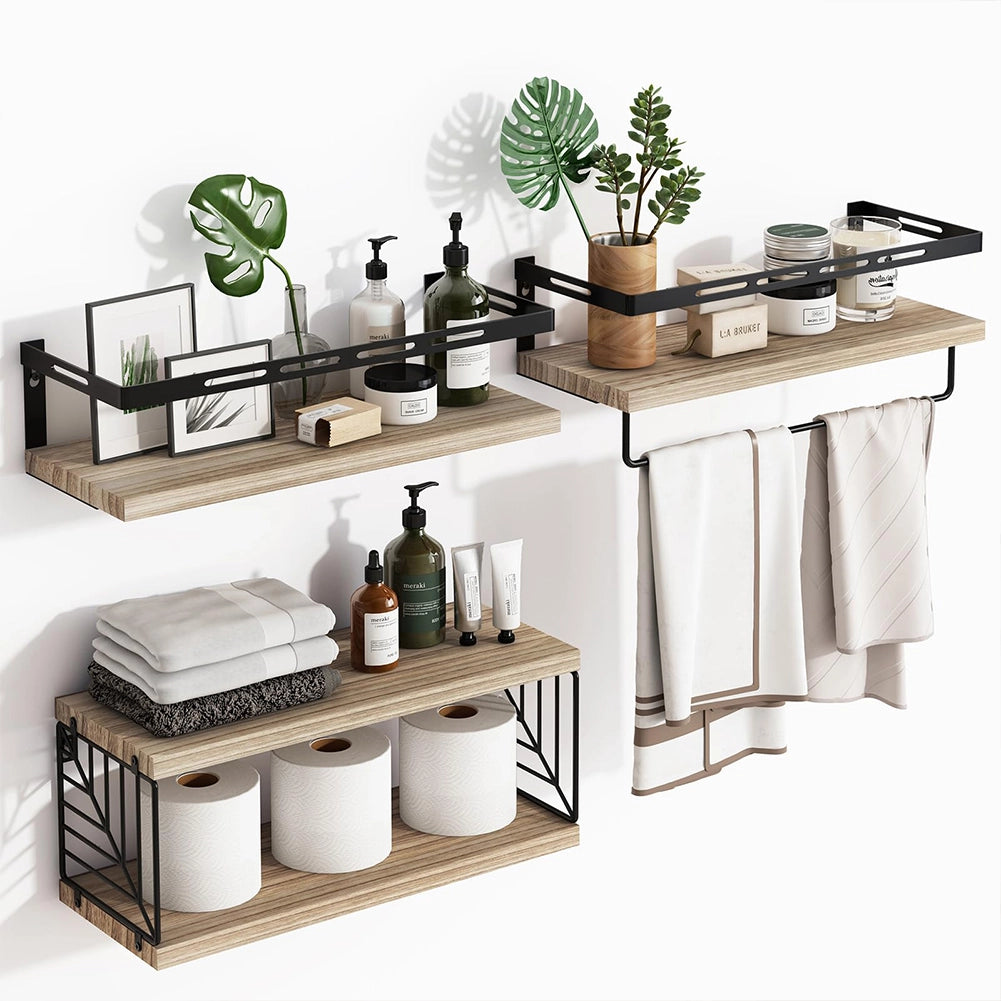 Kit 3 Mensole da Parete Legno e Metallo Noce Versatili Salvaspazio Cucina Bagno Camera
