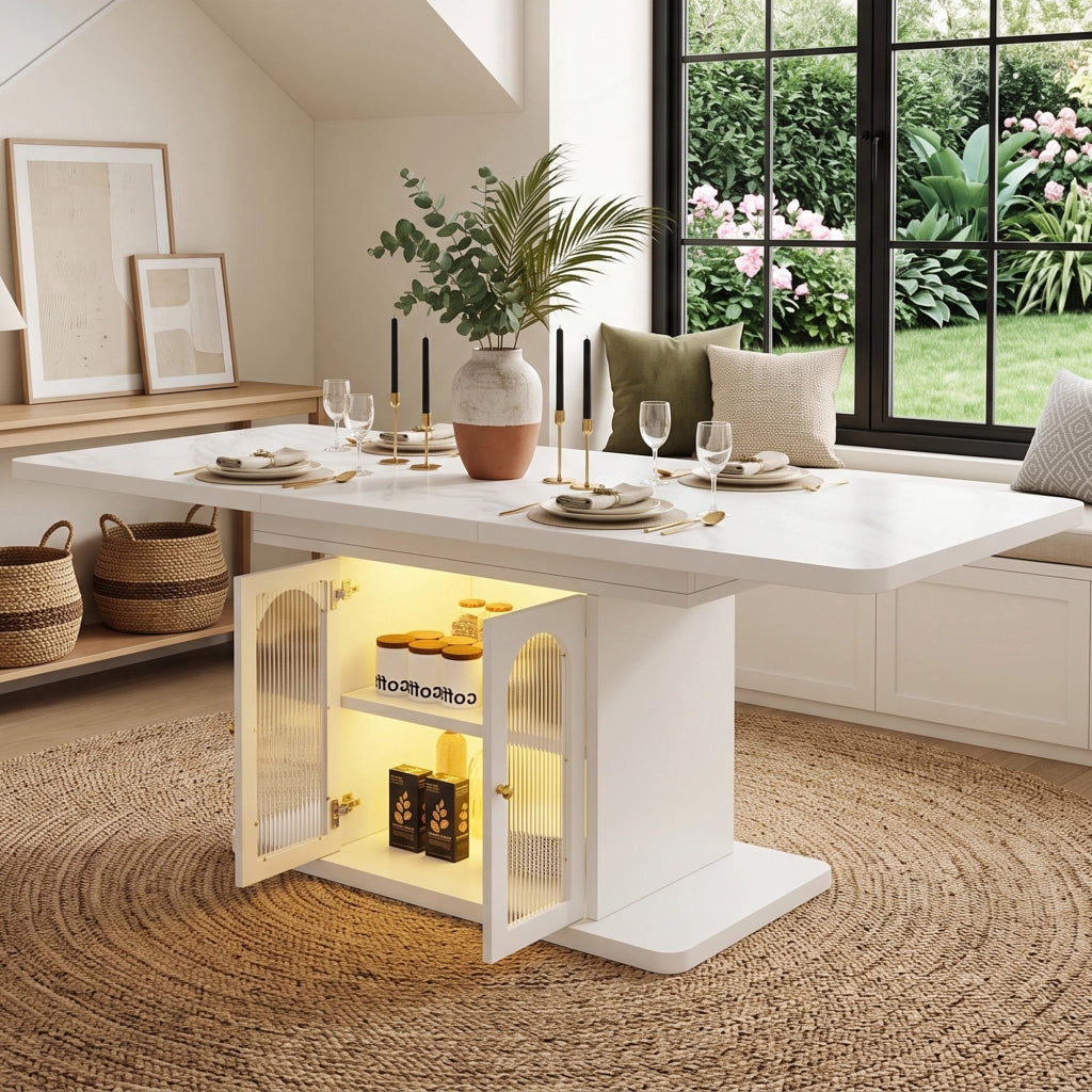 Tavolo allungabile per 6-8 persone con contenitore e led controllato da app in MDF bianco per sala da pranzo 200 × 80 × 76 cm