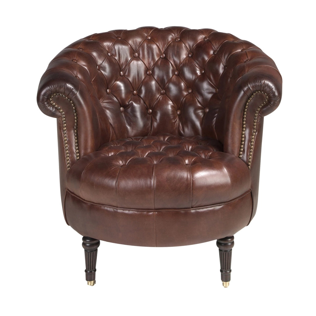 Poltrona Chester con seduta circolare in pelle marrone cognac