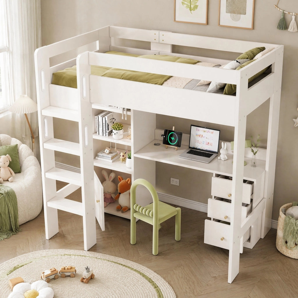 LETTO A CASTELLO 90x200 cm con scrivania USB/Type-C, armadi e scala, bianco