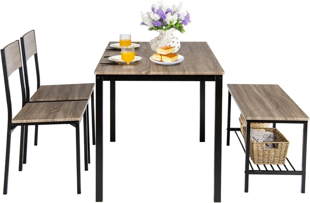 Set Tavolo e Sedie da Cucina 4 Pezzi, Tavolo da Pranzo con 2 Sedie e 1 Panca, Set Mobili da Cucina Salvaspazio con 4 Posti, per Sala da Pranzo e Soggiorno (Rovere grigio)